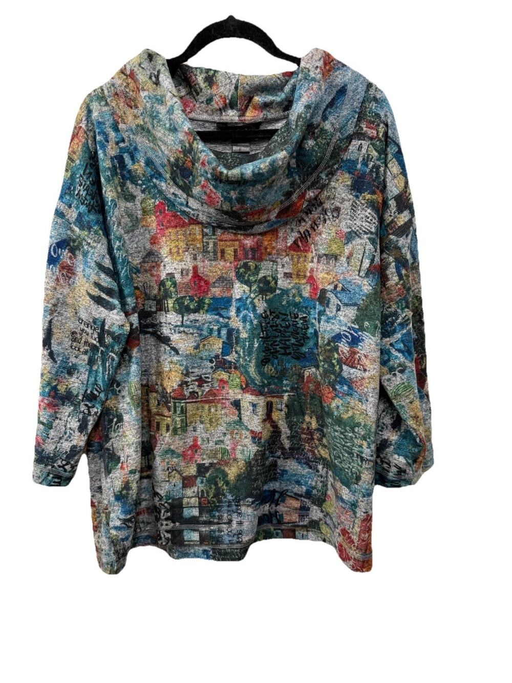 Ali Miles 2X Abstract Village Art Print Cowl Neck Sweater Top Brushed Knit